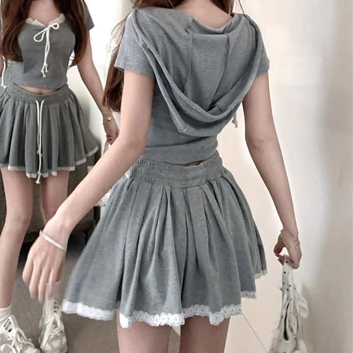 Tie-Up Pocket Hooded Top Lace Pleated Skirt Set