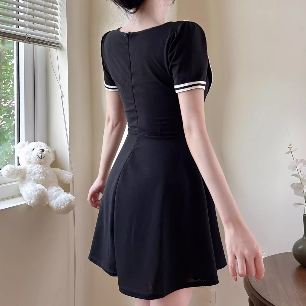 Short Sleeve Waist Loose Preppy A-Line Dress