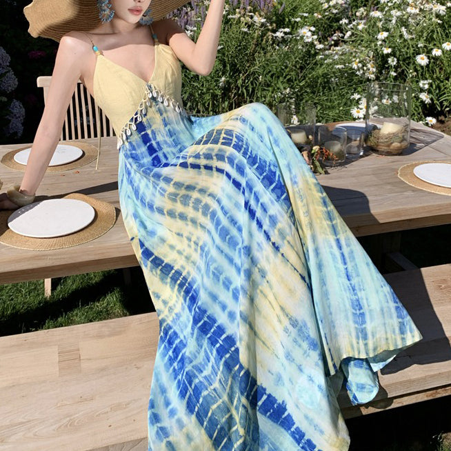 Dyed Seashell Beaded Linen Yellow And Blue Color-Blocked Sundress