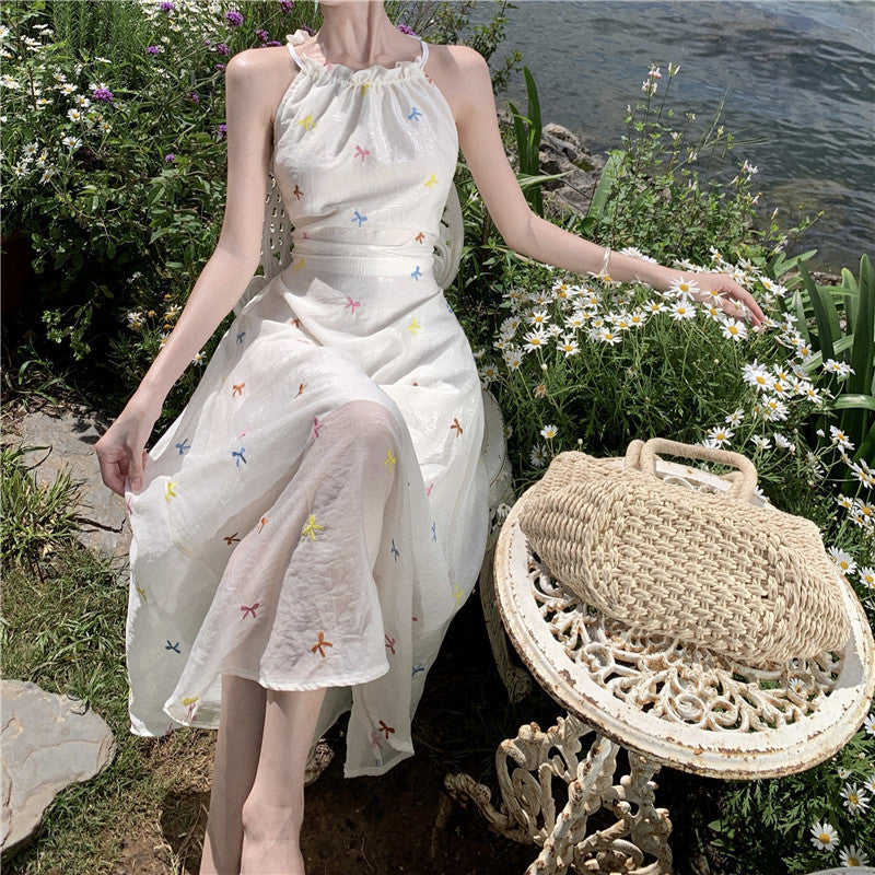 Sweet And Slimming White Printed Embroidered Suspender Dress