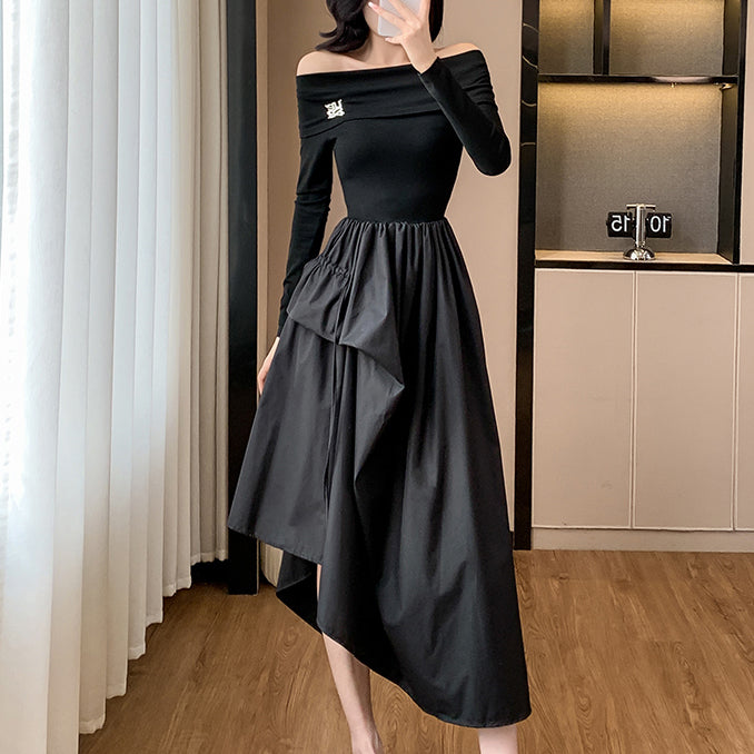 Off-The-Shoulder French-Style Fitted Black Dress