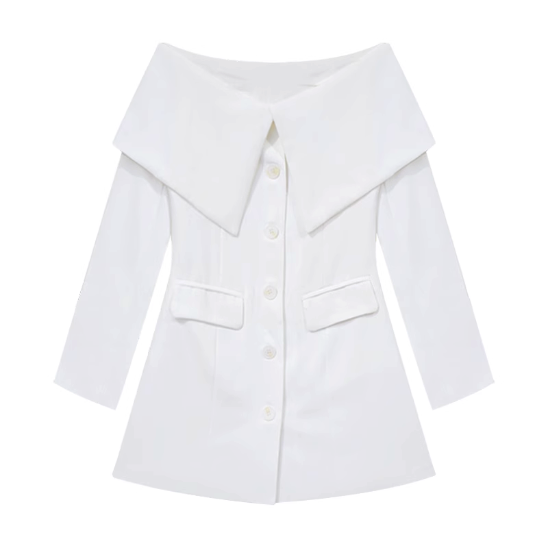 Off-Shoulder Waisted Long-Sleeved Suit Dress