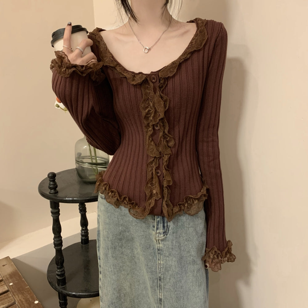 Lace Long-Sleeved Sweater Patchwork Top