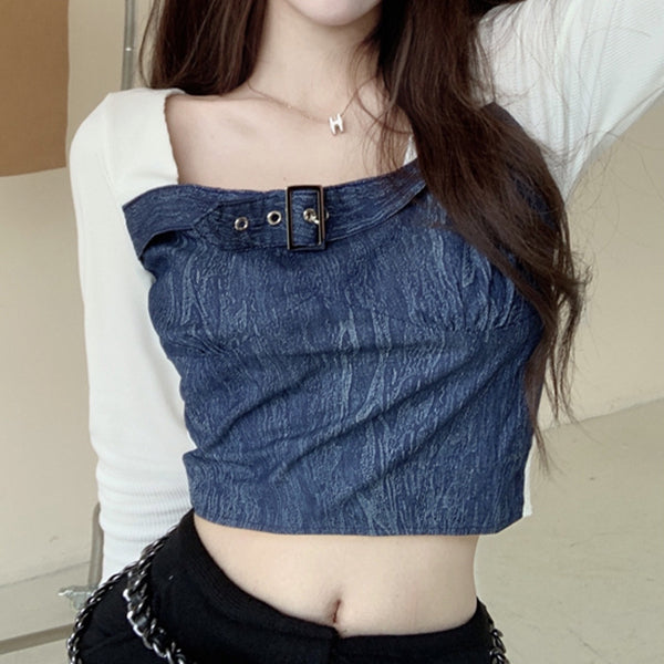 Spliced Long-Sleeved Fake Square Collar Cropped Top