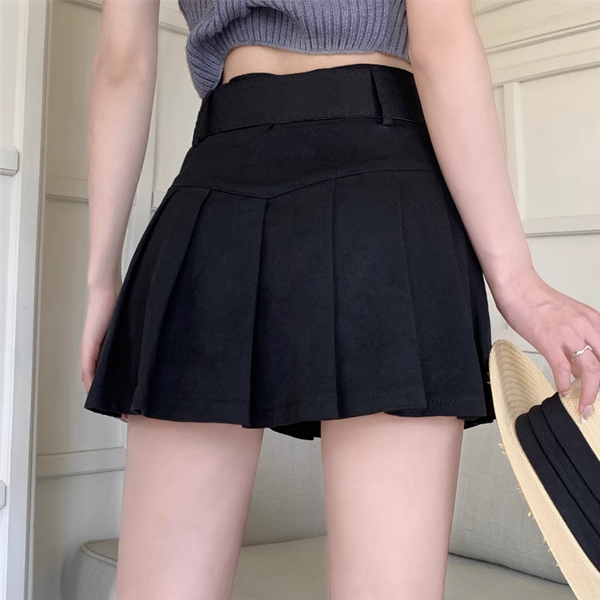 High Waist Pleated Belt A-Line Skirt