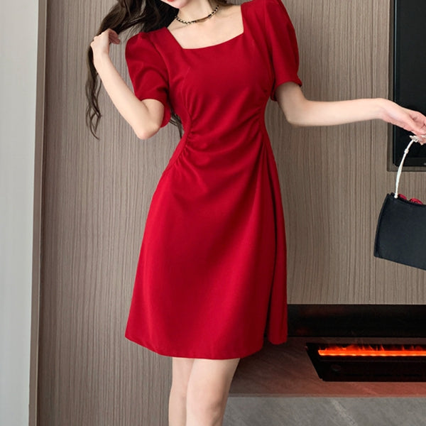 Puff Sleeve Square Neck Pleated Waist Dress