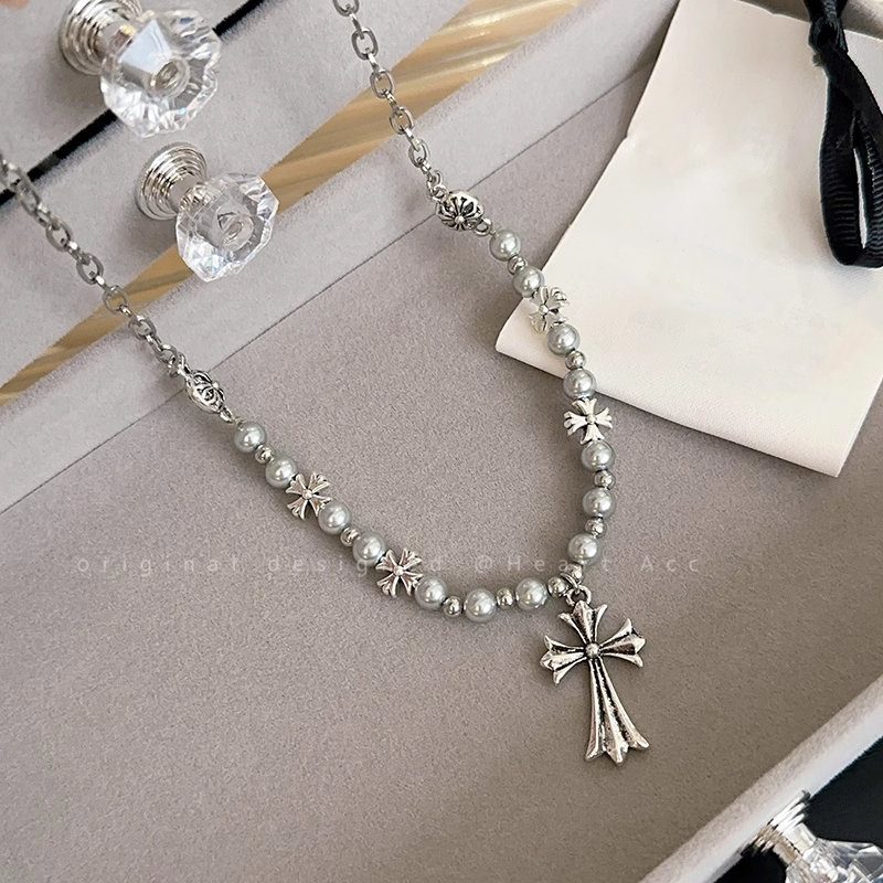 Pearl Cross Stitching Necklace Sweatshirt Chain