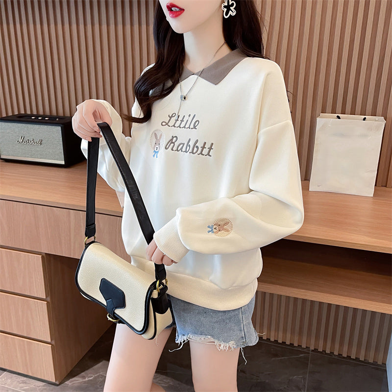 Loose-Fitting Op Collar Patchwork Plus Size Long-Sleeved Sweatshirt