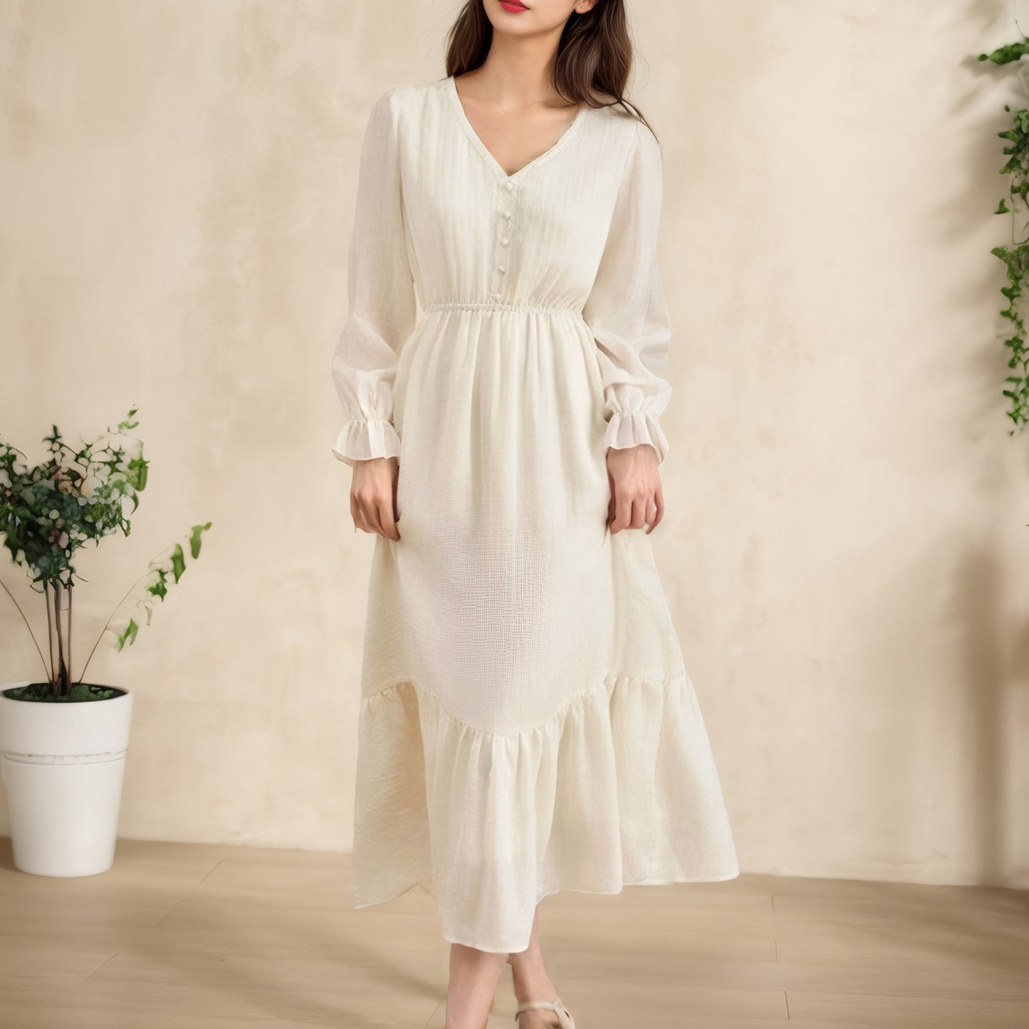 Lace Long-Sleeved V-Neck Fitted White Dress