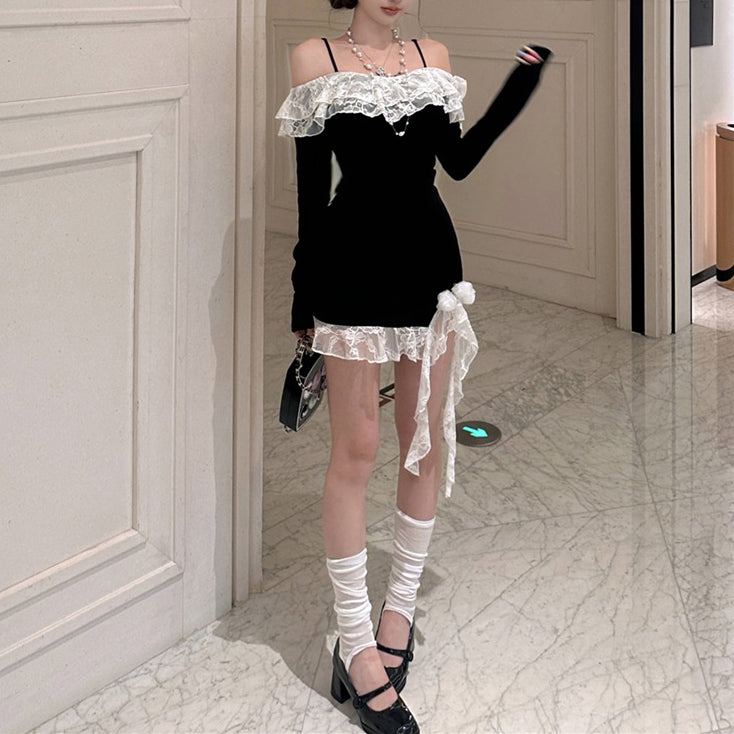 Sexy And Stylish Off-The-Shoulder Long-Sleeved Lace-Trimmed Bodycon Dress