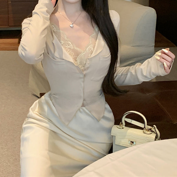 Long-Sleeved Fake Two-Piece Lace Cardigan Knitted Top