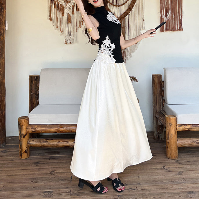 Sleeveless Knitted Lace-Trimmed Top And High-Waisted Skirt Two-Piece Set
