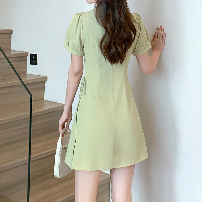 Pleated Short-Sleeve Neck Lapel Slim Dress