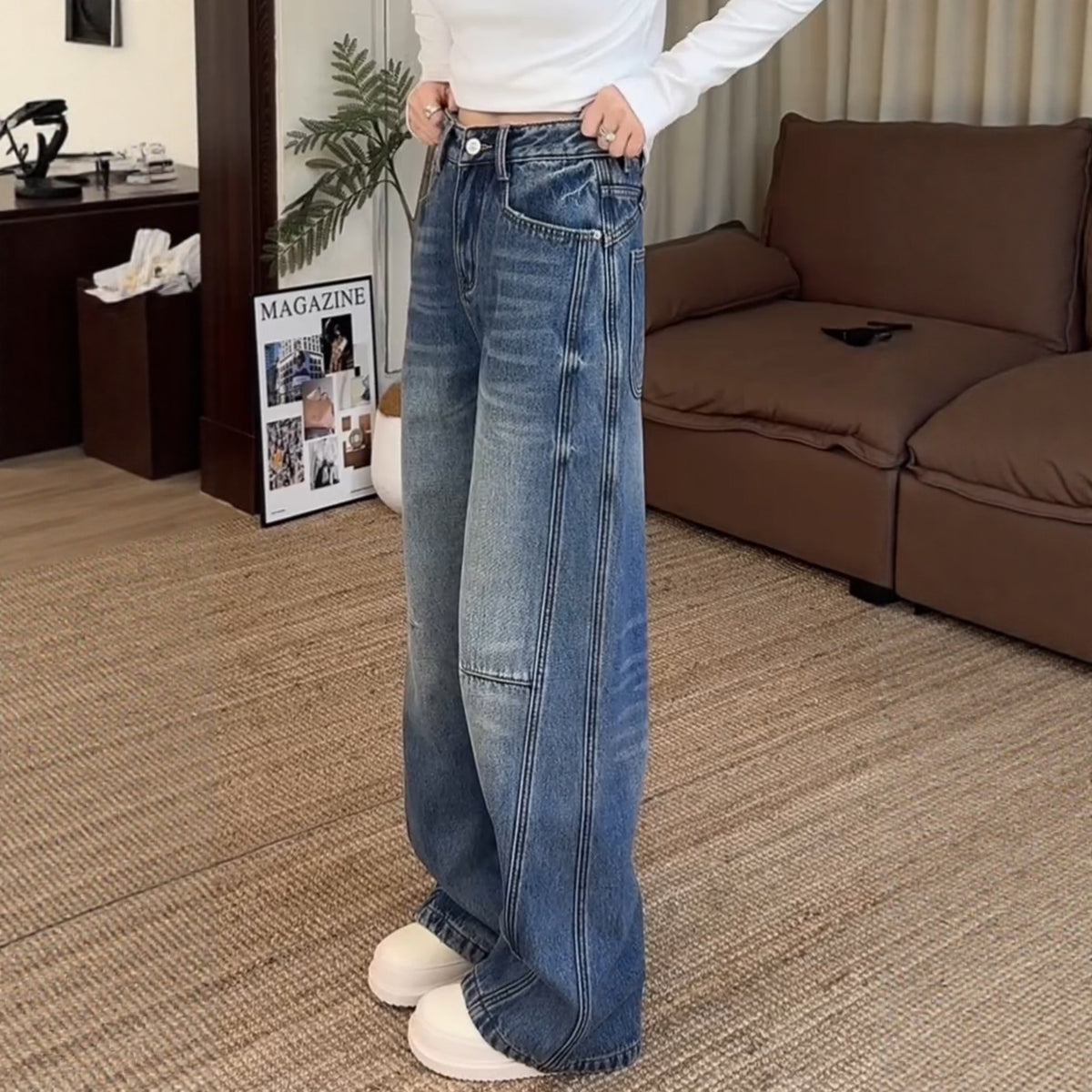 Fleece-Lined Vintage Wide-Leg Trousers