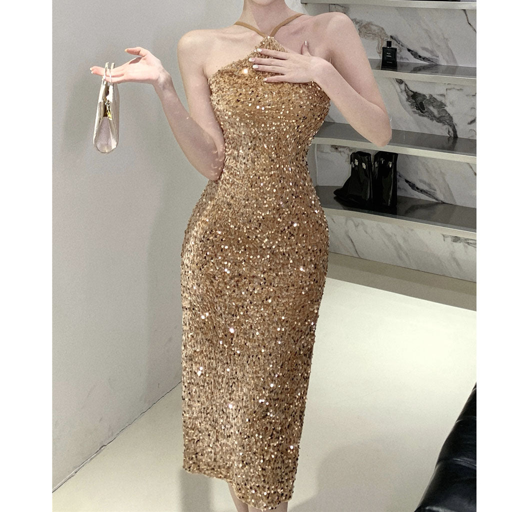 Slit Sequin Waist Halter Neck Prom Dress