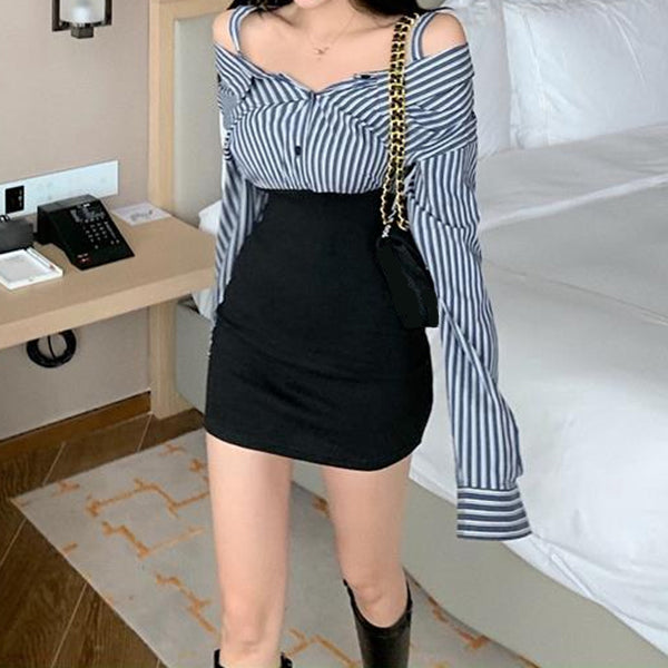 Hip-Covering Off-Shoulder Striped Shirt Dress