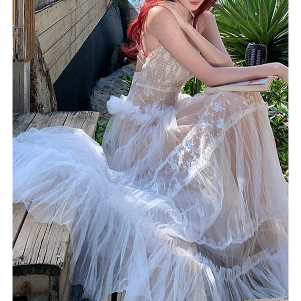 Vacation Lace Mesh Halter Neck Backless Dress