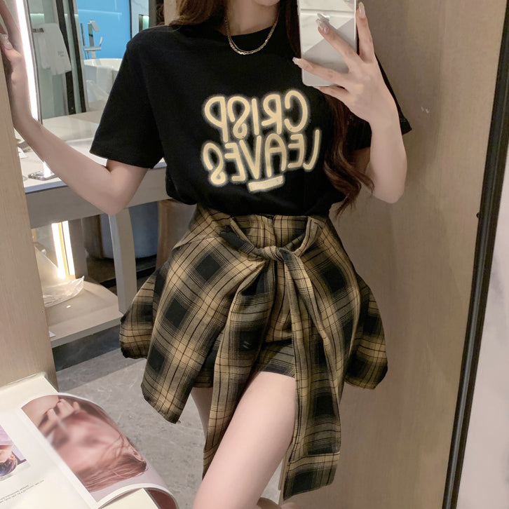 Letter Print T-Shirt Lace-Up Plaid Skirt Set