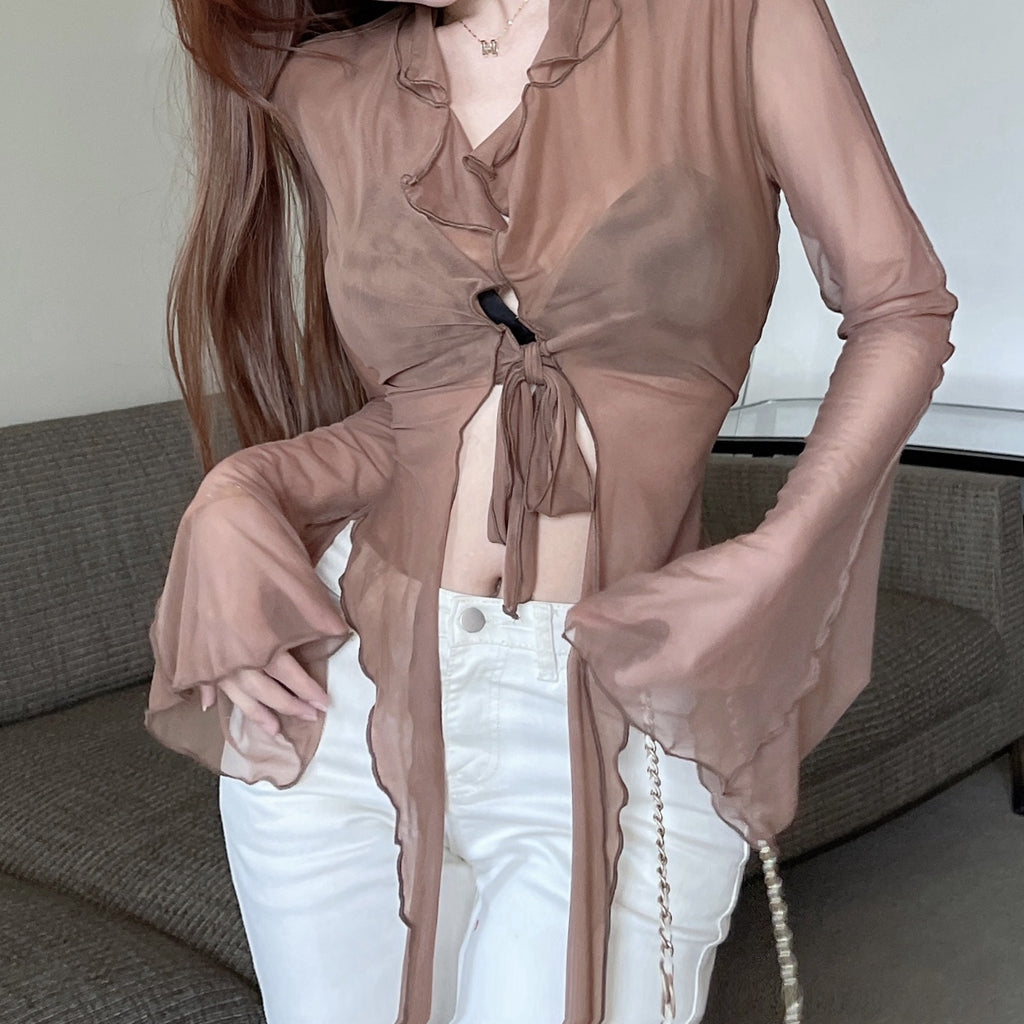 Solid Color Mesh Long-Sleeved T-Shirt Strappy Cropped Top