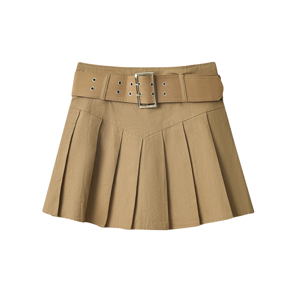 High Waist Pleated Belt A-Line Skirt