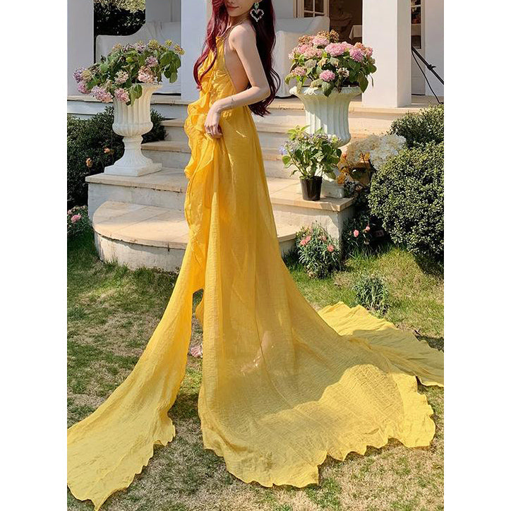 Yellow Sexy Backless Halter Dress