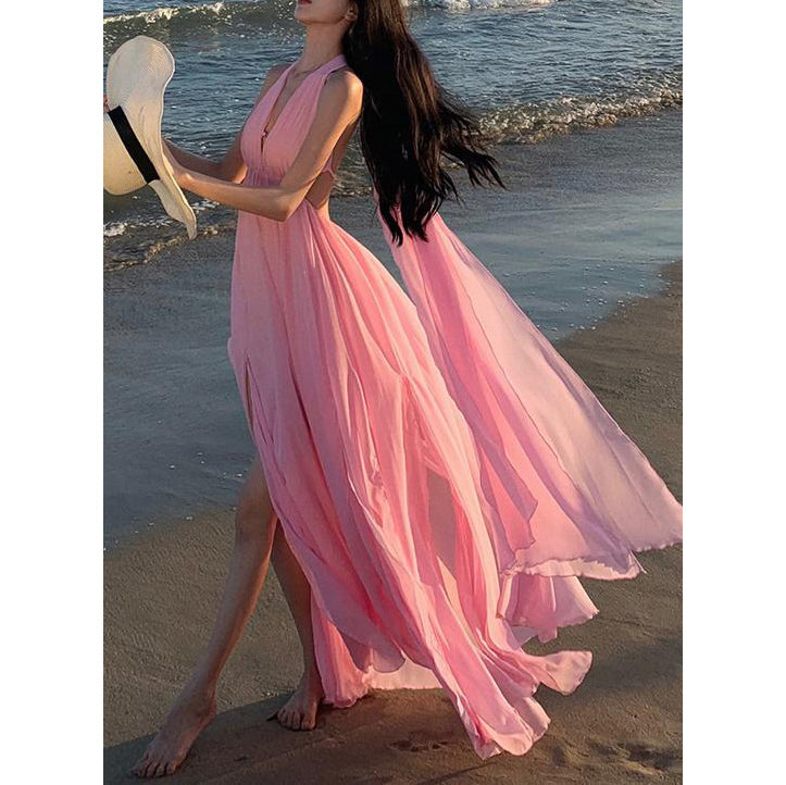 Pink Ribbon Halter Neck Hollow Slit Holiday Dress