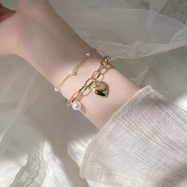 Double-Layer Love Pearl Alloy Bracelet
