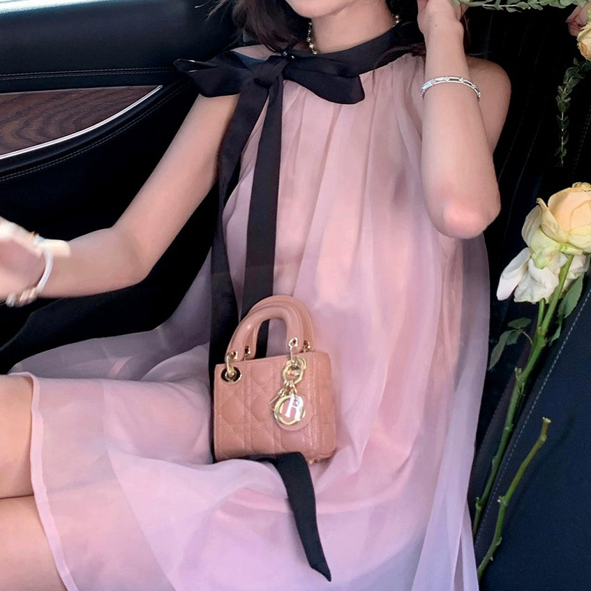 Pink Sleeveless Bow Halter Neck Cami Dress