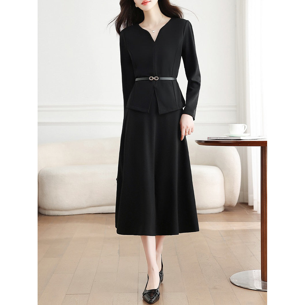Black Long-Sleeved Top And Skirt Two-Piece Set