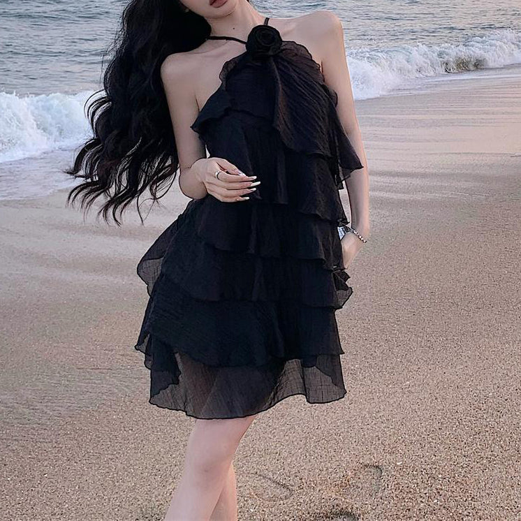 Sexy Backless Halterneck Ruffled Black Cake Dress