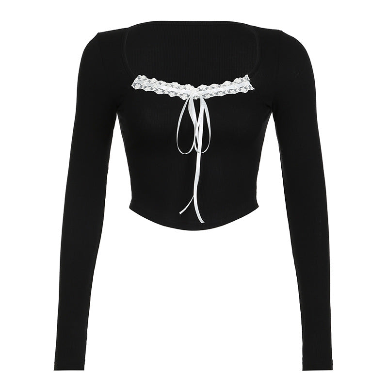 Spliced Long-Sleeved T-Shirt With Bow Tie Irregular Top