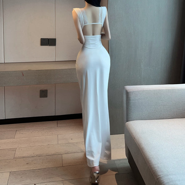 V-Neck Lace White Slit Sleeveless Bodycon Dress