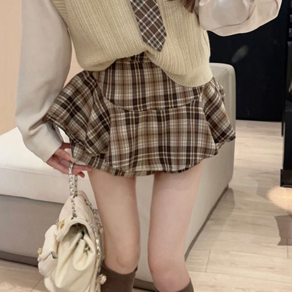 Knitted Vest Layering Shirt High Waist Skirt Set