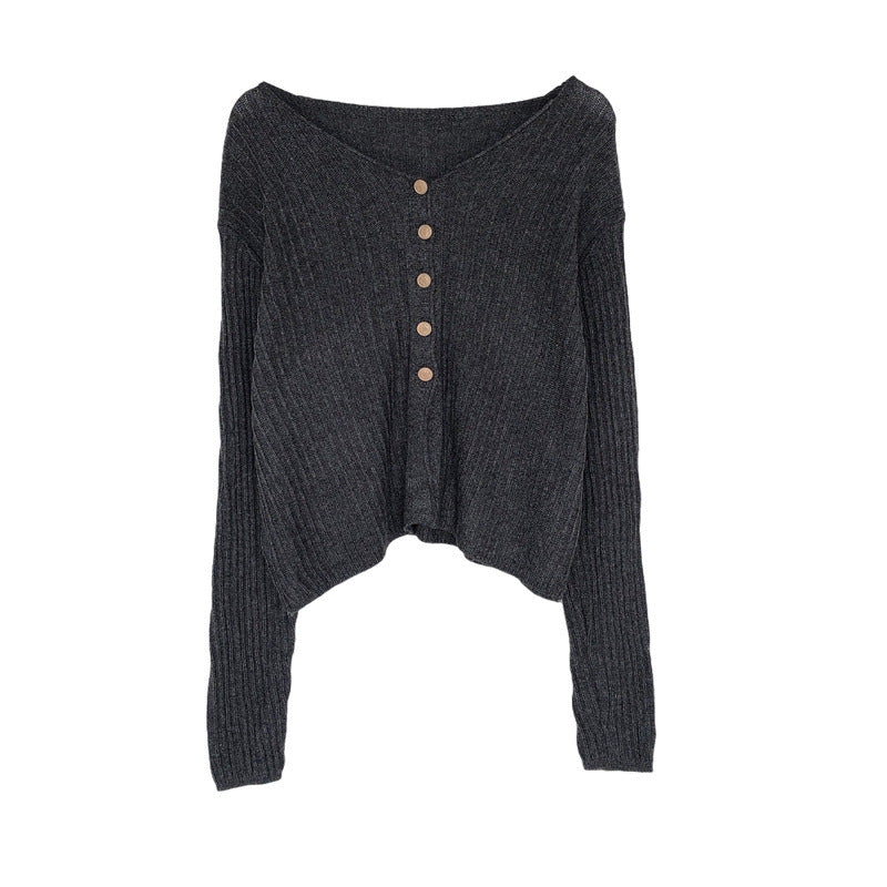 V-Neck Knitted Cardigan Single-Breasted Long-Sleeved Top