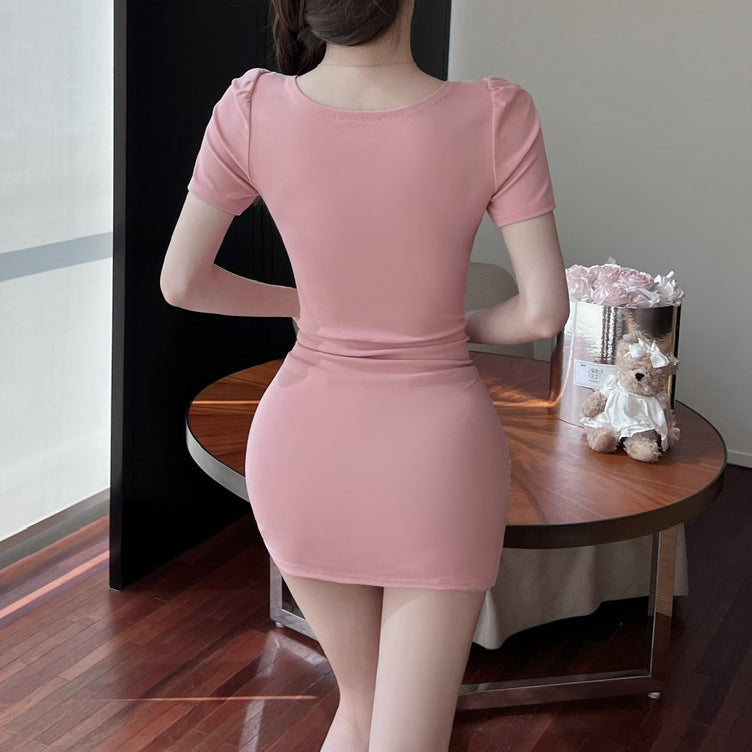 Lace Splicing Cotton Short-Sleeved Bodycon Hip-Hugging Dress