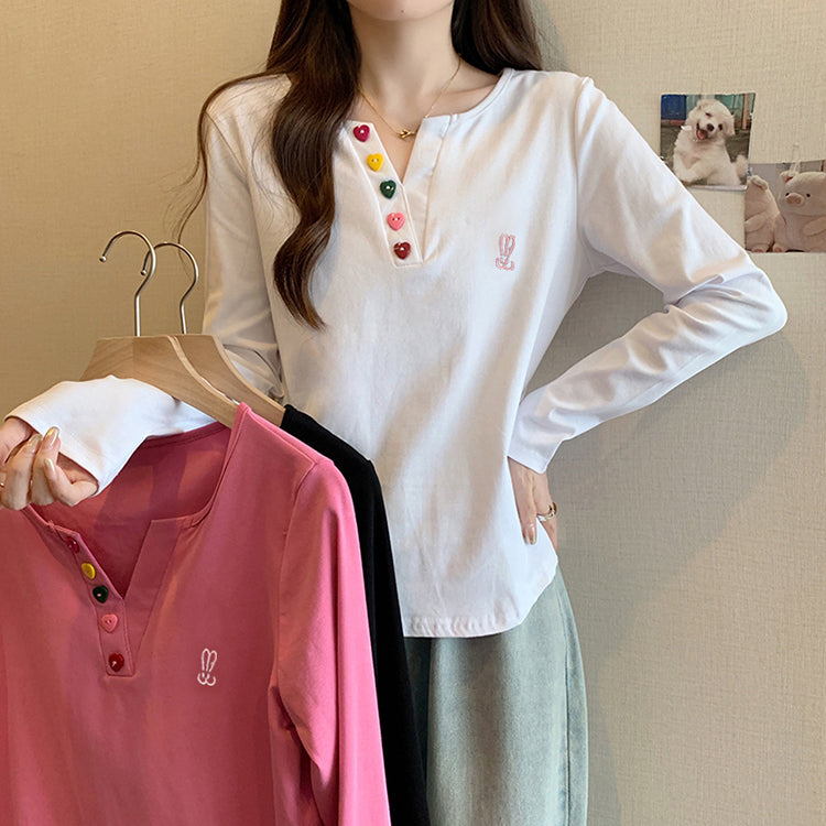 Solid Color Half Open Collar Long Sleeve T-Shirt Top