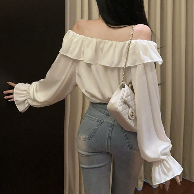 Flower Halter Shirt Off-Shoulder Ruffled Trumpet Sleeve Top