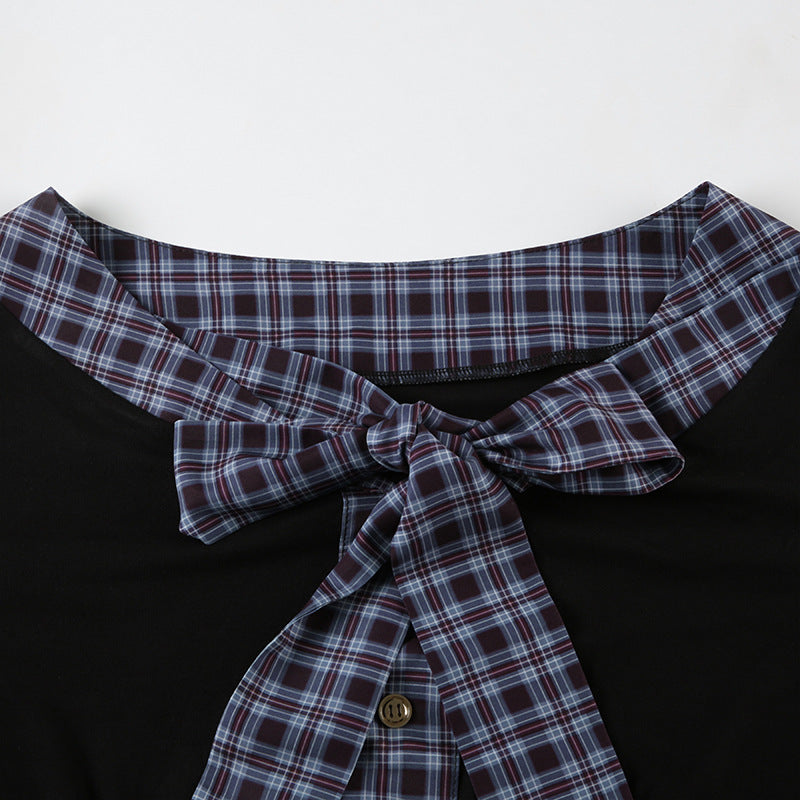 Plaid Tie Bow Long-Sleeved T-Shirt Contrast Color Button Top