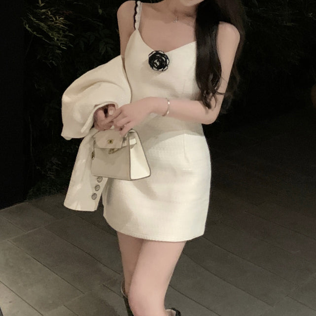 Tweed Set White Long Sleeve Coat Cami Dress