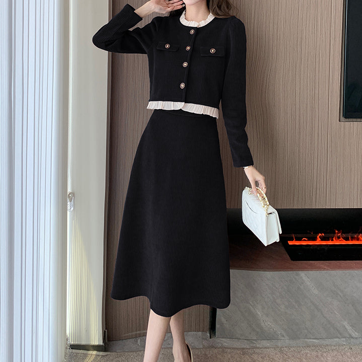 Lace Patchwork Coat Corduroy Set A-Line Skirt