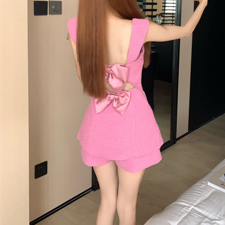 Nail Drill Hollow Bow Top High Waist Shorts Set