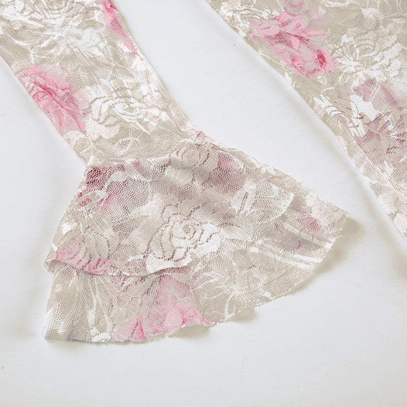 Ruffled V-Neck Trumpet Long-Sleeved T-Shirt Rose Print Lace Top