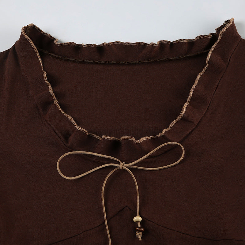 Retro Ruffled Flared Sleeve T-Shirt Beaded Straps Knitted Top