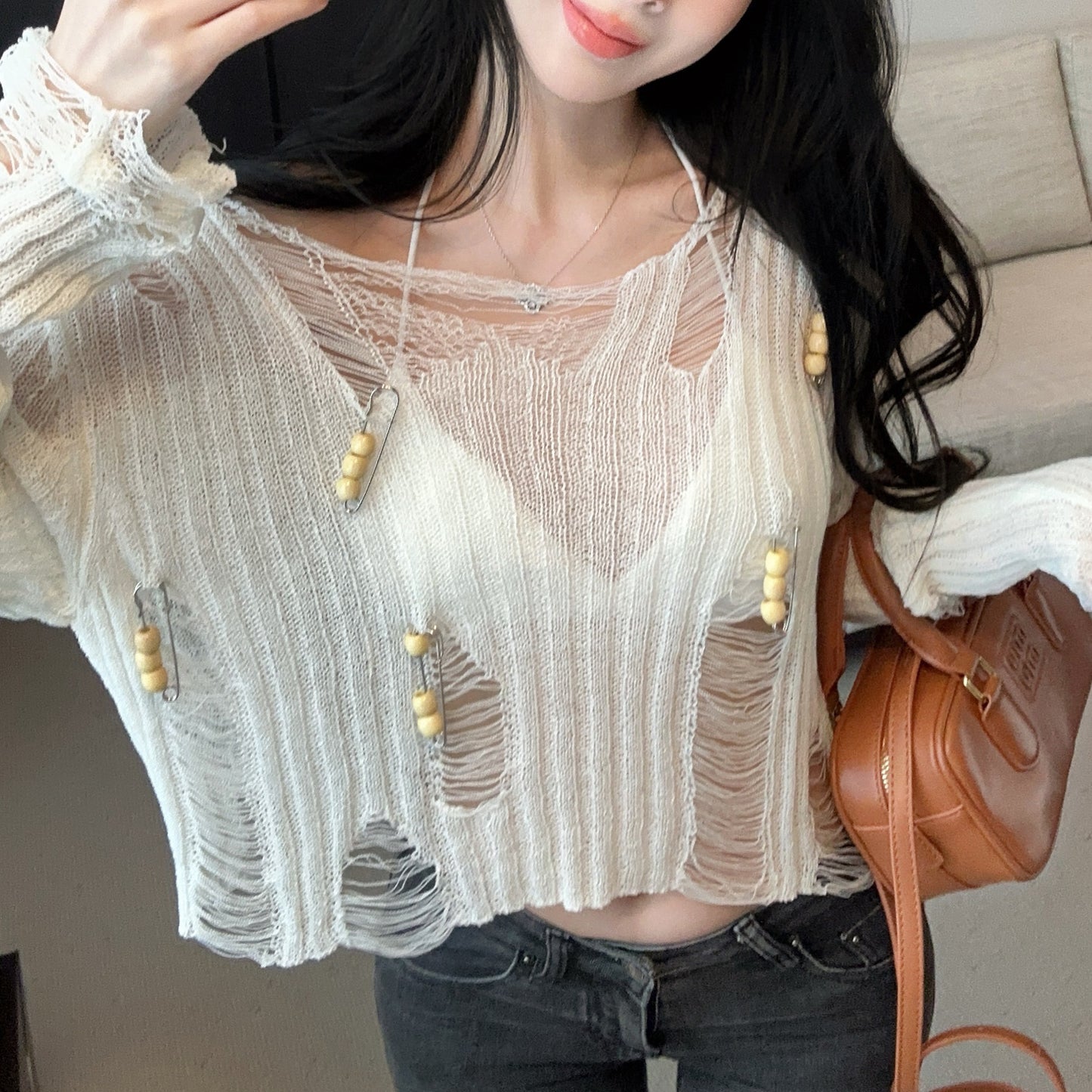 Hollow Loose See-Through Knitted Cardigan Top