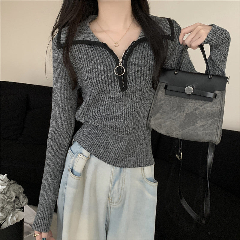 Polo Collar Sweater Zip-Up Knit Top