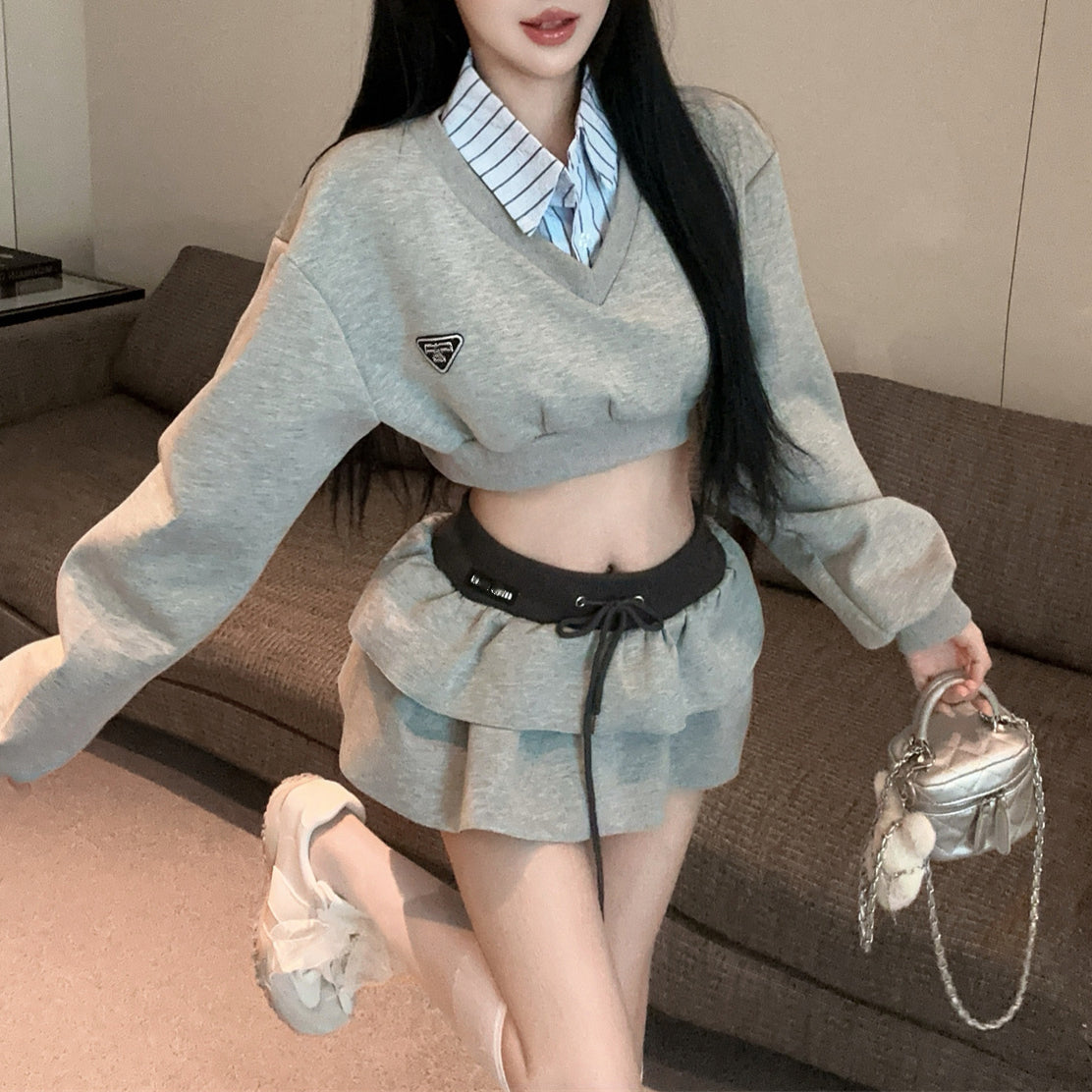 French Sexy Contrast Color Fake Two-Piece Sweatshirt High Waist Skirt Two-Piece Set