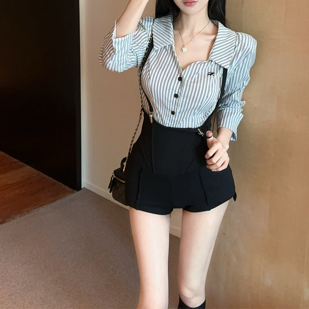 Sexy Contrasting Lapel Shirt And High-Waisted Overalls Shorts Set