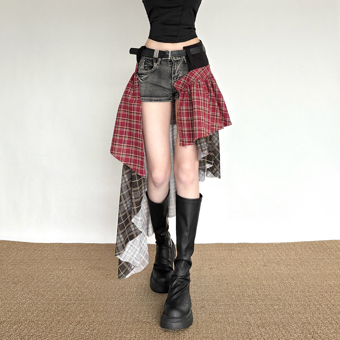 Irregular Waist Cross Tie Plaid Skirt