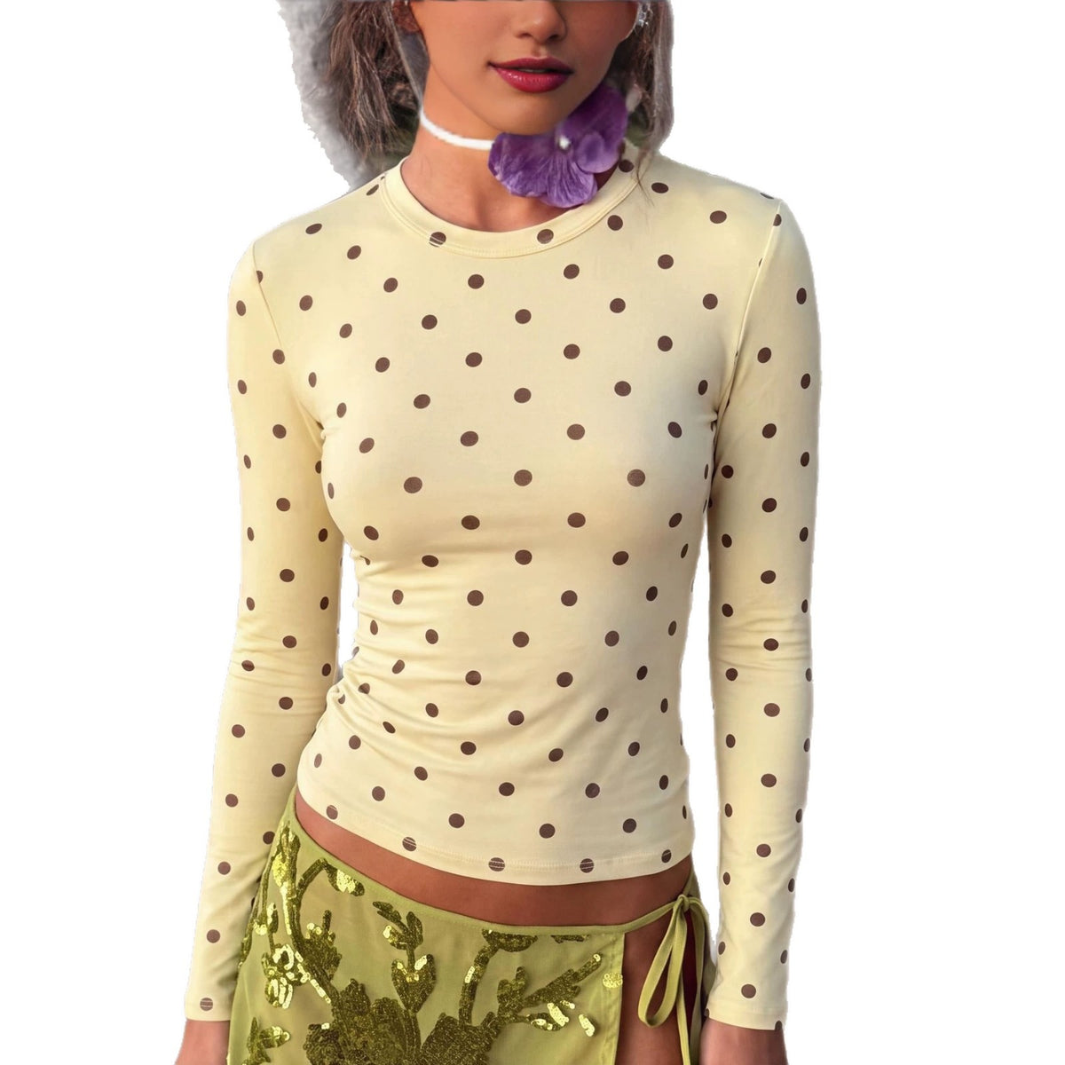 Crew Neck Long-Sleeved Polka Dot Print T-Shirt