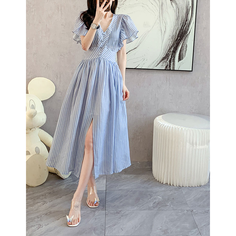 Temperament Waist Chic Striped Shirt Dress